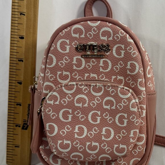 GUESS Mini Backpack Pink Logo Print Faux Leather with a Gold Tone Chain Strap - Picture 2 of 8